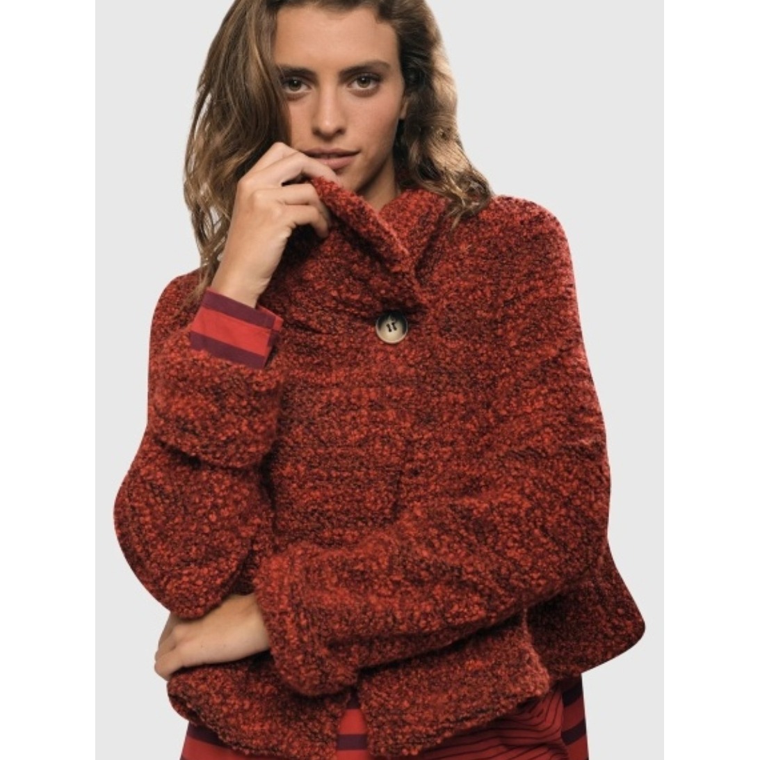 Alembika Boucle Knit Jacket Women Xs Red Orange Funnel Neck Cropped